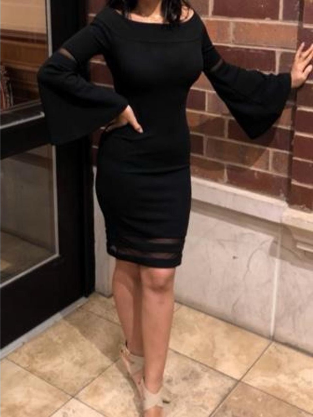 Black Bell-Sleeve Bodycon Dress
